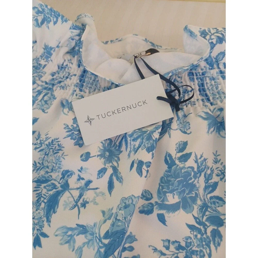 Tuckernuck blue white Marguerite blouse M smocked off shoulder pullover top